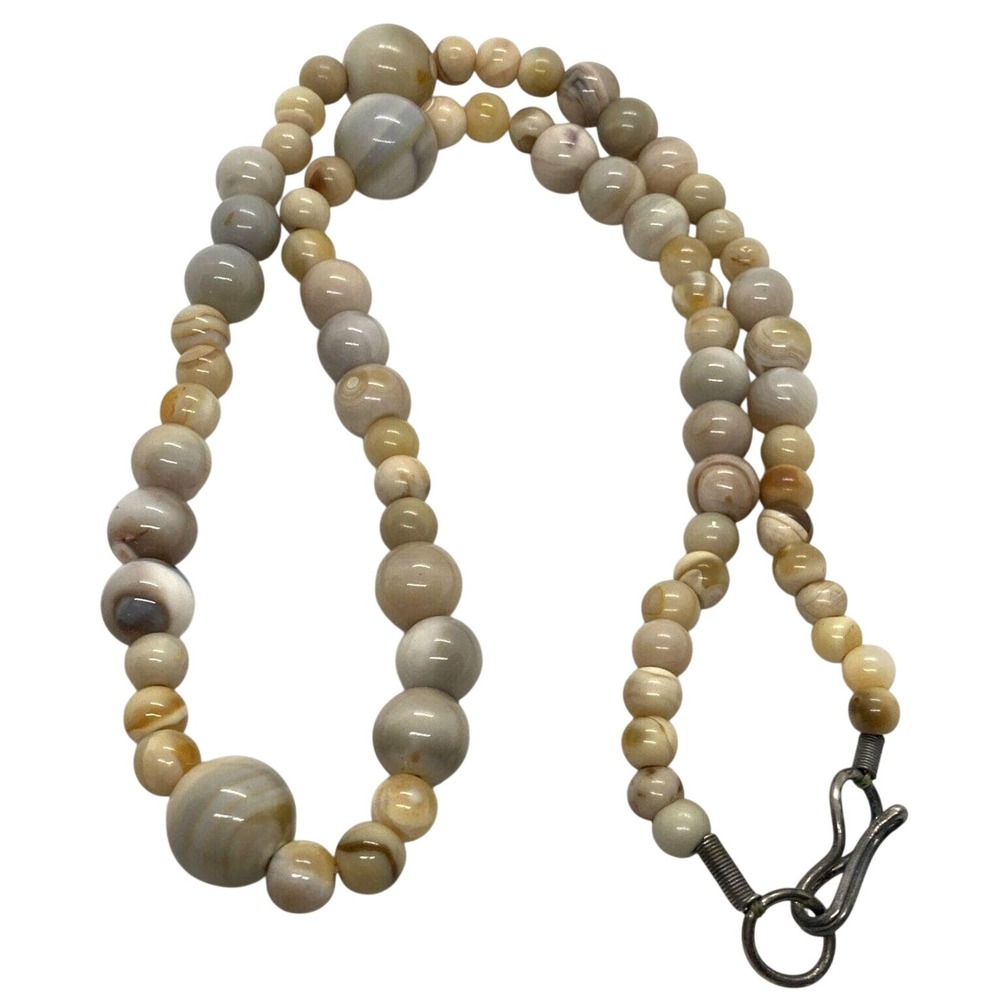Vintage Handmade Beige Banded Agate Round Beaded 18.5'' Necklace 33.3g